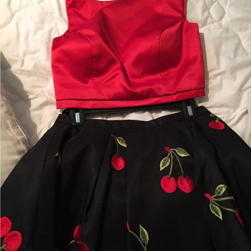 Sherri Hill Red and Black Cherry Embroidered Skirt Set - Picture 2 of 3